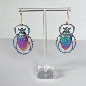 Beetle iridescent metal earrings rainbow bohemian insect bug beetles